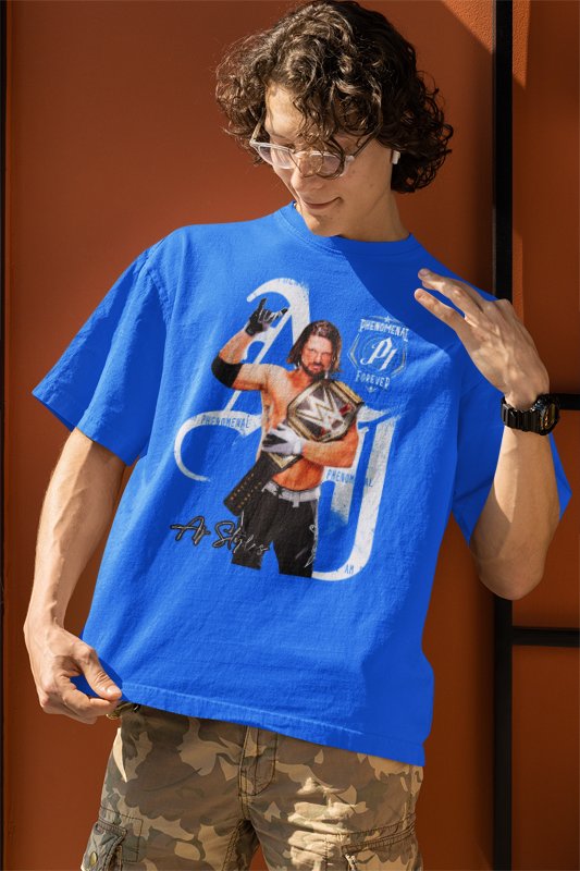 Load image into Gallery viewer, AJ Styles P1 Signature Mens Blue T-shirt by EWS | Extreme Wrestling Shirts