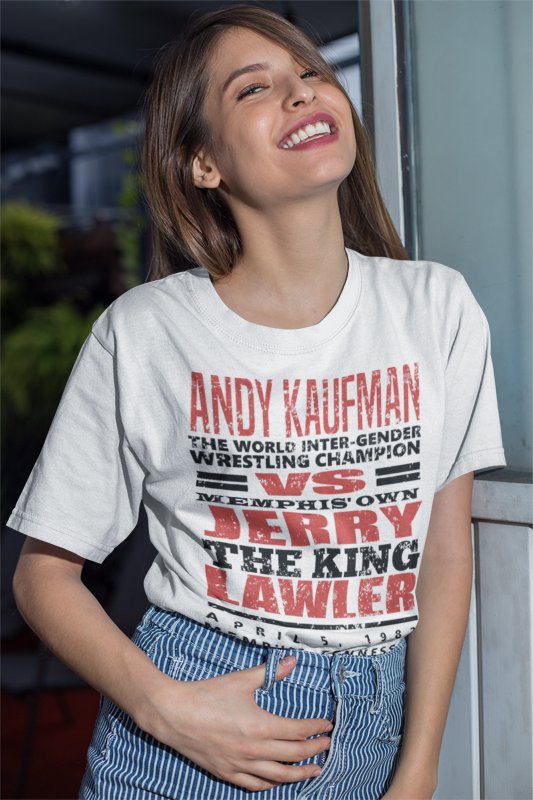 Load image into Gallery viewer, Andy Kaufman vs Jerry Lawler White T-shirt by EWS | Extreme Wrestling Shirts