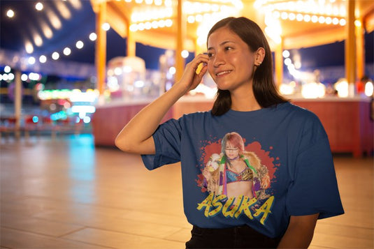 Asuka Colorful Pose Royal Blue T-shirt by EWS | Extreme Wrestling Shirts