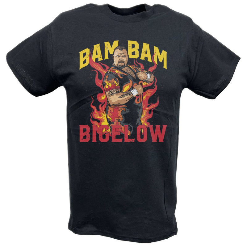 Load image into Gallery viewer, Bam Bam Bigelow Flames Black T-shirt by EWS | Extreme Wrestling Shirts