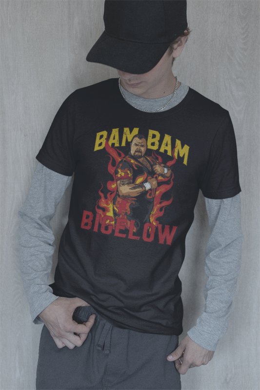 Load image into Gallery viewer, Bam Bam Bigelow Flames Black T-shirt by EWS | Extreme Wrestling Shirts