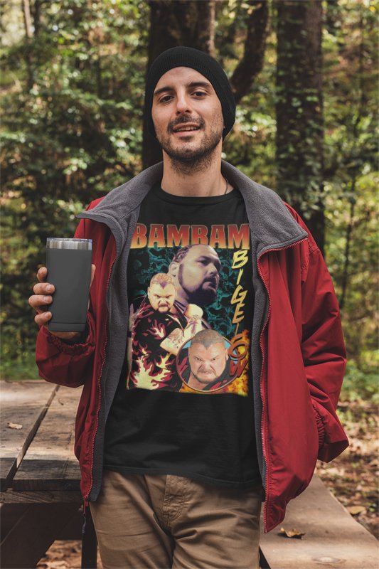 Load image into Gallery viewer, Bam Bam Bigelow Triple Pose Black T-shirt by EWS | Extreme Wrestling Shirts