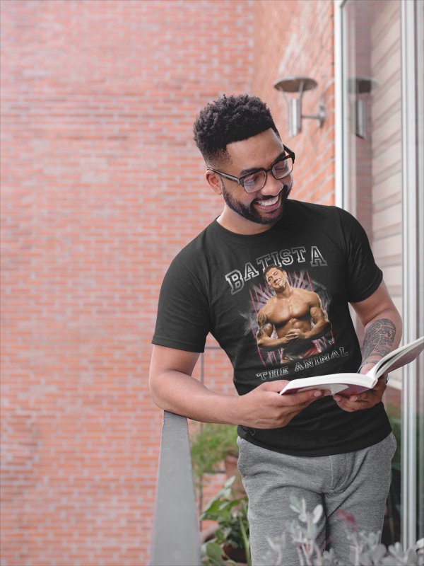 Load image into Gallery viewer, Batista The Animal Flex Pose Black T-shirt by EWS | Extreme Wrestling Shirts