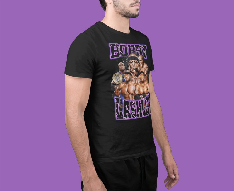 Load image into Gallery viewer, Bobby Lashley Purple Name Five Pose Mens Black T-shirt by WWE | Extreme Wrestling Shirts