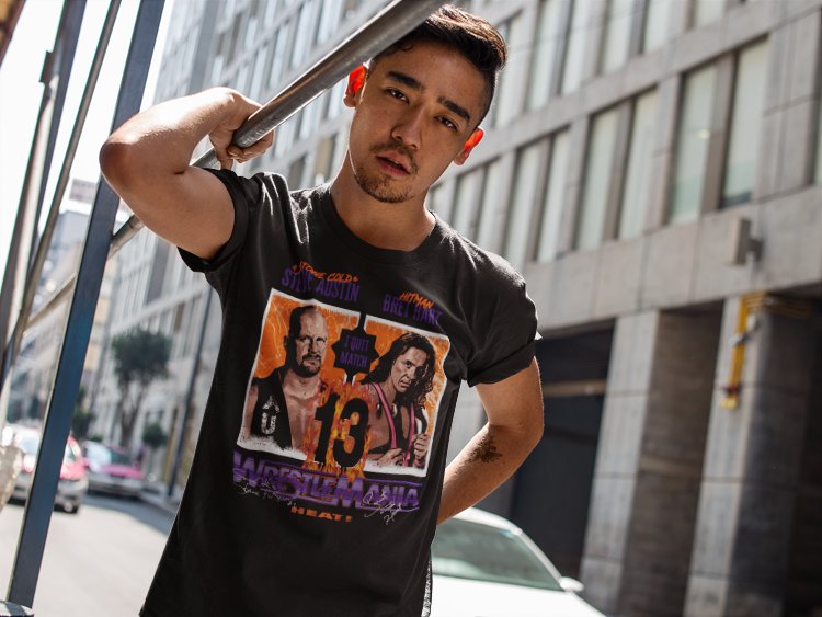 Load image into Gallery viewer, Bret Hart vs Steve Austin Wrestlemania 13 Black T-shirt by EWS | Extreme Wrestling Shirts