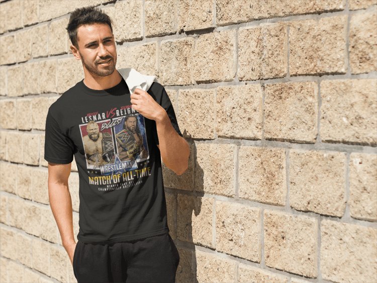 Load image into Gallery viewer, Brock Lesnar Vs Roman Reigns Match WrestleMania Black T-shirt by EWS | Extreme Wrestling Shirts