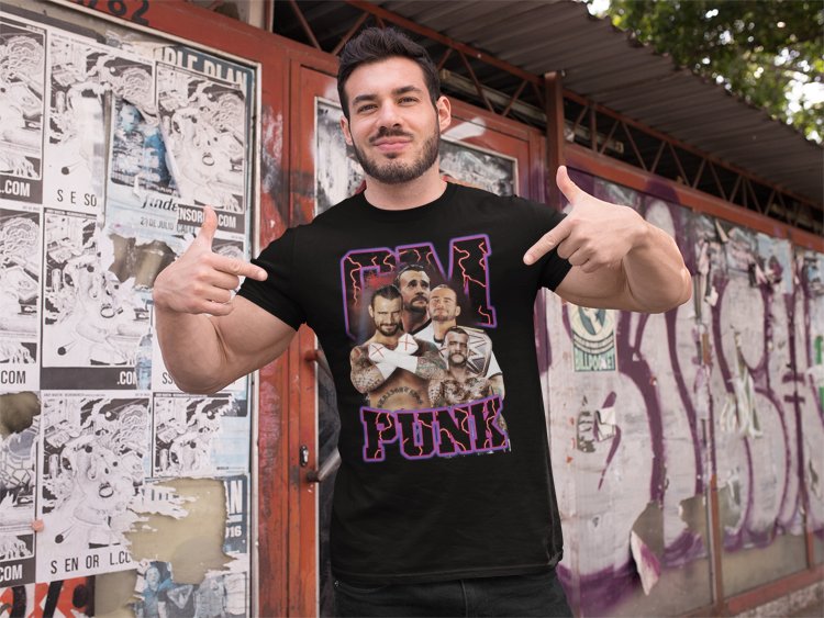 Load image into Gallery viewer, CM Punk Purple Name Four Pose Mens Black T-shirt by WWE | Extreme Wrestling Shirts