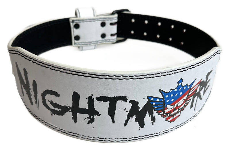 Load image into Gallery viewer, Cody Rhodes American Nightmare Logo Leather Weightlifting Belt White by EWS | Extreme Wrestling Shirts