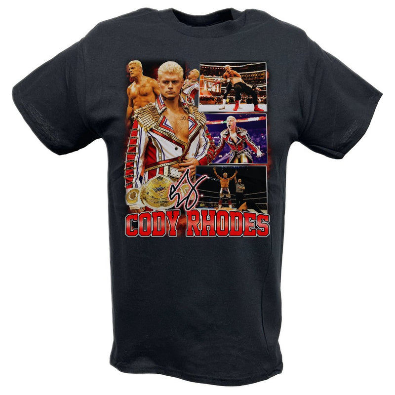 Load image into Gallery viewer, Cody Rhodes In Ring Collage Black T-shirt by EWS | Extreme Wrestling Shirts
