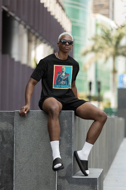 Load image into Gallery viewer, Cody Rhodes Red Blue Poster Print Black T-shirt by EWS | Extreme Wrestling Shirts