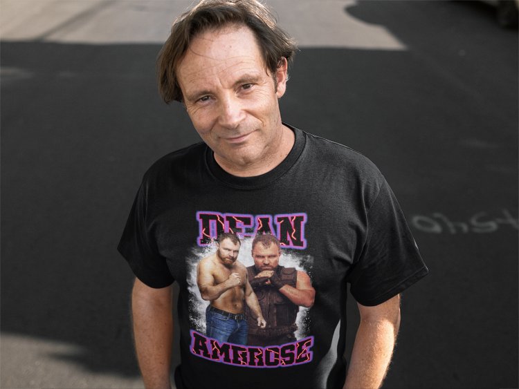 Load image into Gallery viewer, Dean Ambrose Purple Name Double Pose Mens Black T-shirt by WWE | Extreme Wrestling Shirts