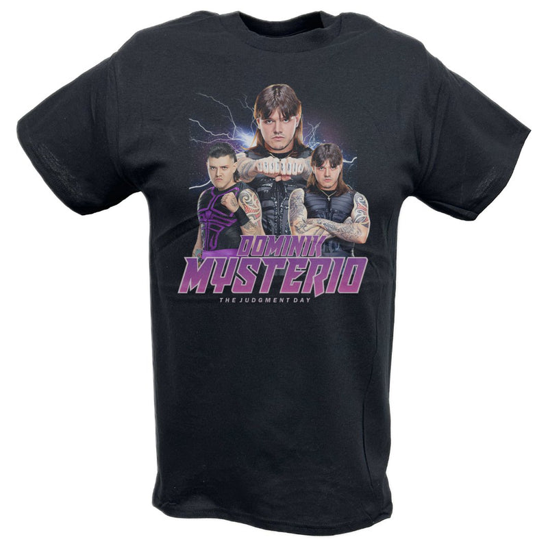 Load image into Gallery viewer, Dominik Mysterio Three Pose Black T-shirt by EWS | Extreme Wrestling Shirts