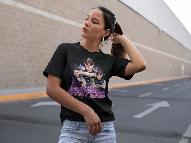 Load image into Gallery viewer, Dominik Mysterio Three Pose Black T-shirt by EWS | Extreme Wrestling Shirts