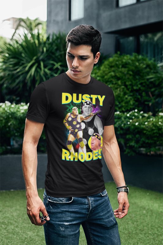 Load image into Gallery viewer, Dusty Rhodes Polka Dot Pose Black T-shirt by EWS | Extreme Wrestling Shirts