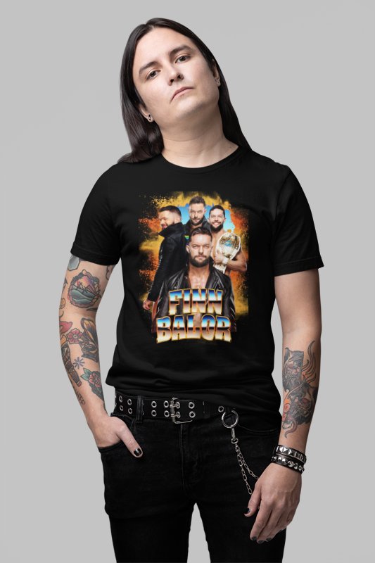 Load image into Gallery viewer, Finn Balor Championship Belt Four Pose Mens Black T-shirt by WWE | Extreme Wrestling Shirts