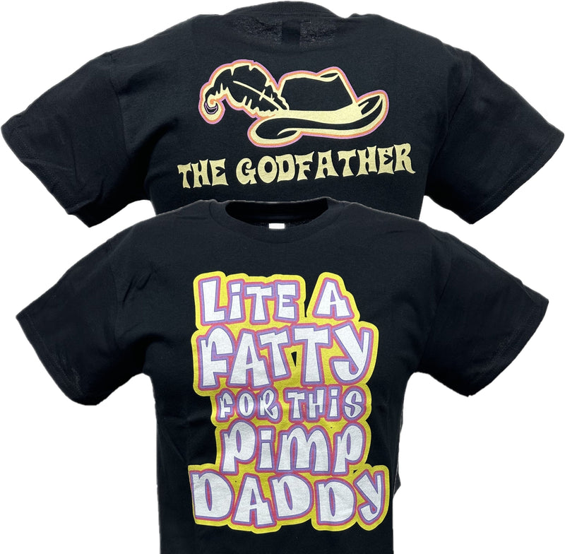 Load image into Gallery viewer, Godfather Lite a Fatty for this Pimp Daddy Mens Black WWF T-shirt by WWE | Extreme Wrestling Shirts