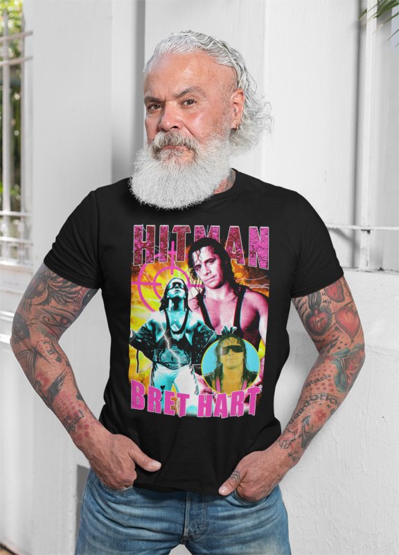 Load image into Gallery viewer, Hitman Bret Hart Three Pose Black T-shirt by EWS | Extreme Wrestling Shirts