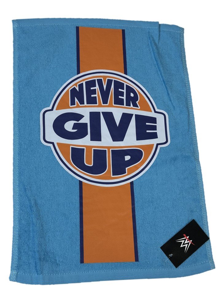 Load image into Gallery viewer, John Cena 12"x18" Never Give Up Fan Rally Towel Light Blue-Orange by EWS | Extreme Wrestling Shirts