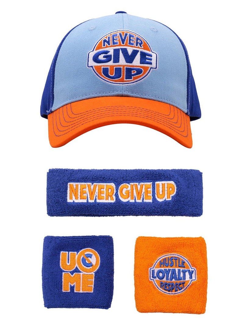 Load image into Gallery viewer, John Cena Blue Orange Never Give Up 20 Years Baseball Hat Headband Wristband Combo Set by WWE | Extreme Wrestling Shirts