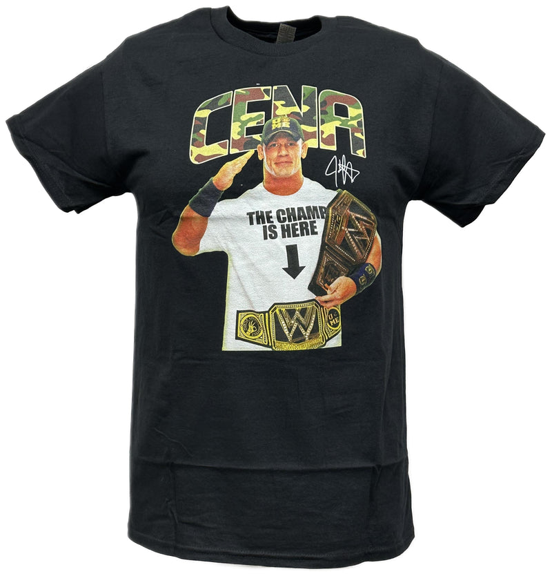 Load image into Gallery viewer, John Cena Camo Champ Is Here Mens Black T-shirt WWE by WWE | Extreme Wrestling Shirts
