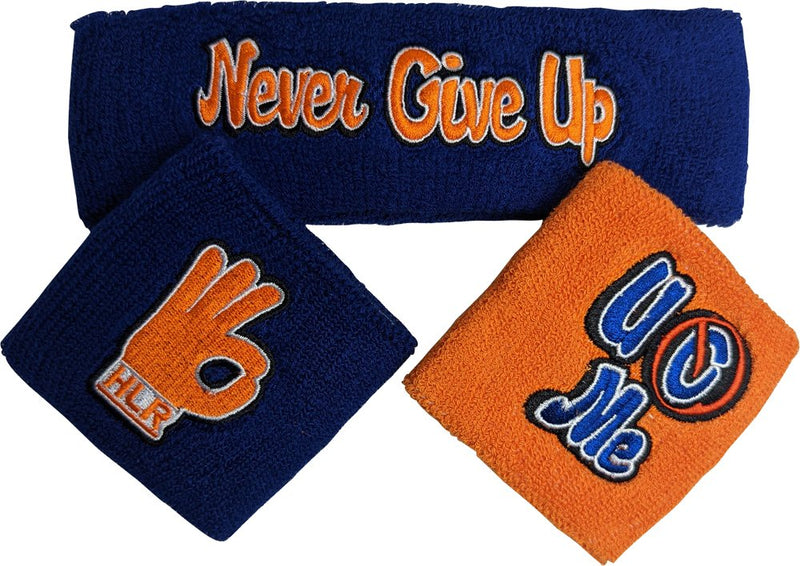 Load image into Gallery viewer, John Cena Headband Wristband Set Blue/Orange HLR Never Give Up by WWE | Extreme Wrestling Shirts