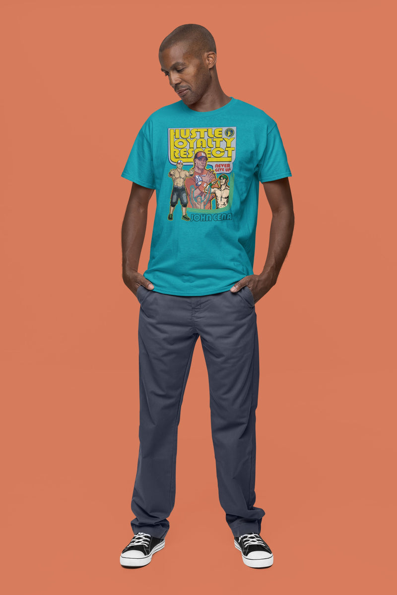 Load image into Gallery viewer, John Cena Hustle Loyalty Respect Blue Throwback Mens T-shirt by EWS | Extreme Wrestling Shirts