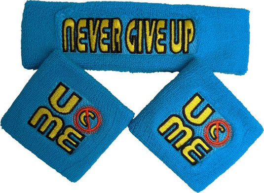 John Cena THROWBACK Never Give Up Blue Headband Wristbands Sweatbands Set by EWS | Extreme Wrestling Shirts