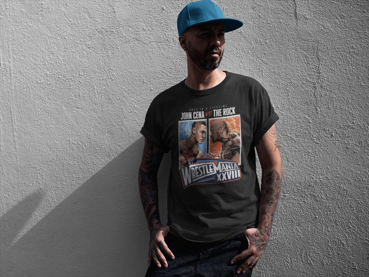 Load image into Gallery viewer, John Cena Vs The Rock Match WrestleMania 28 XXVIII Black T-shirt by EWS | Extreme Wrestling Shirts