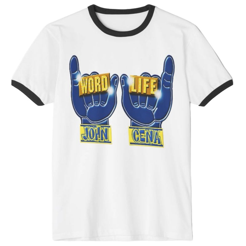 Load image into Gallery viewer, John Cena Word Life White Ringer T-shirt by EWS | Extreme Wrestling Shirts