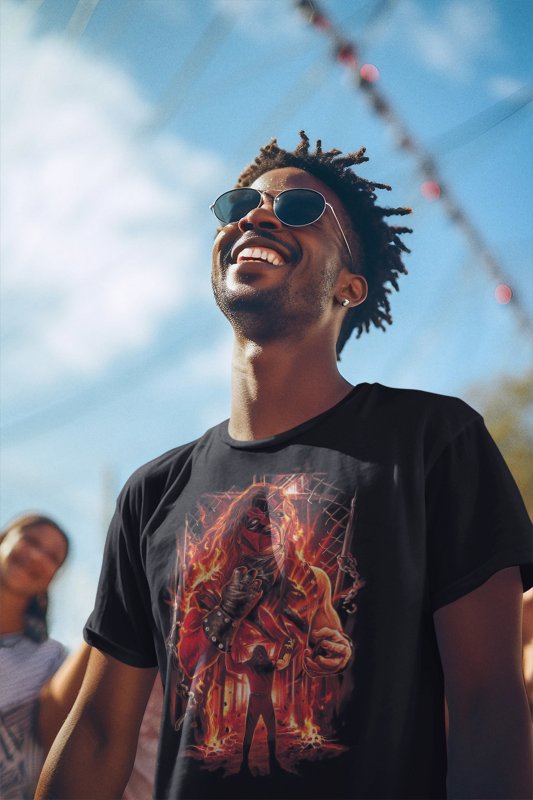 Load image into Gallery viewer, Kane The Big Red Machine Fireball Black T-shirt by EWS | Extreme Wrestling Shirts