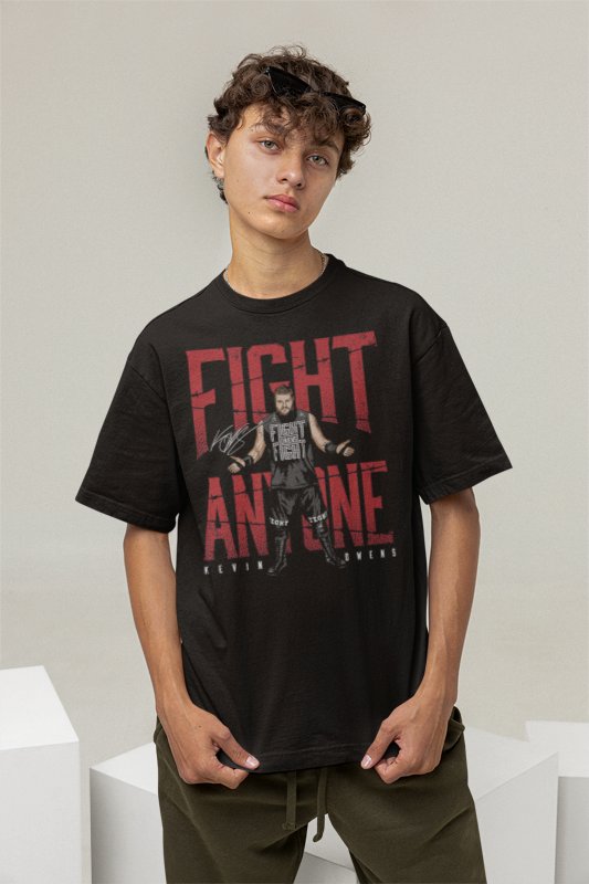Load image into Gallery viewer, Kevin Owens Fight Anyone Black T-shirt by EWS | Extreme Wrestling Shirts