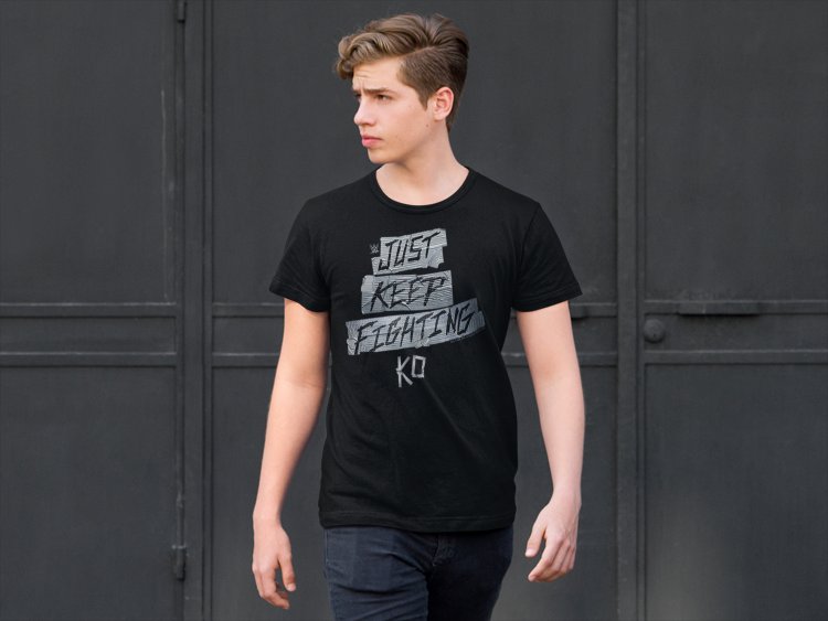 Load image into Gallery viewer, Kevin Owens Just Keep Fighting Duct Tape Black T-shirt by EWS | Extreme Wrestling Shirts