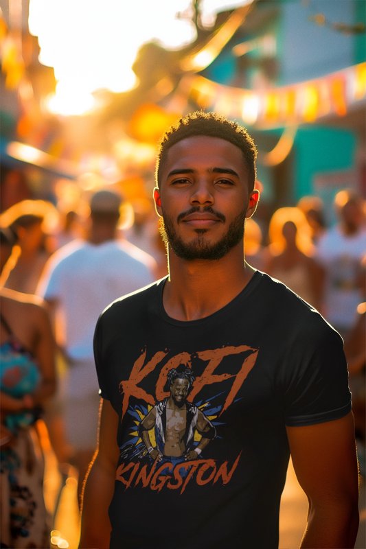 Load image into Gallery viewer, Kofi Kingston Pose Black T-shirt by EWS | Extreme Wrestling Shirts