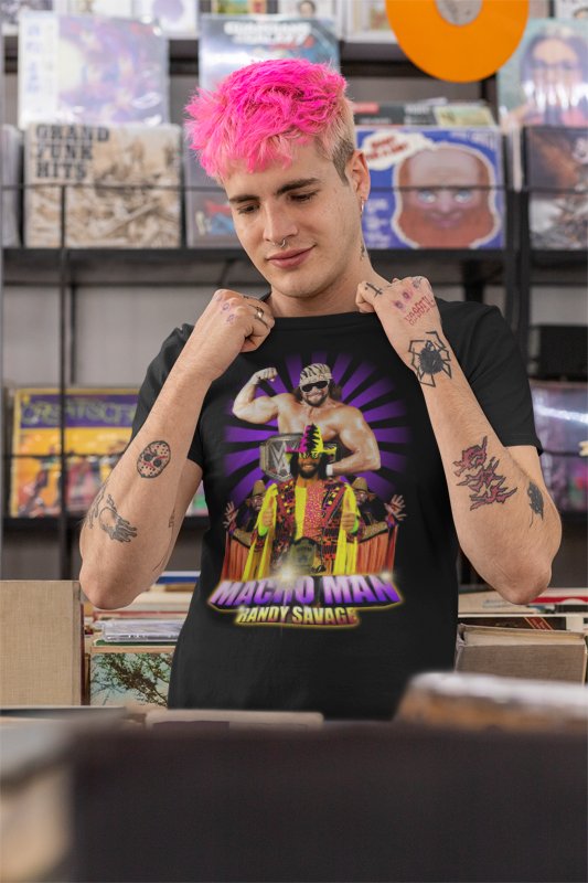 Load image into Gallery viewer, Macho Man Randy Savage Throwback Mens Black T-shirt by EWS | Extreme Wrestling Shirts