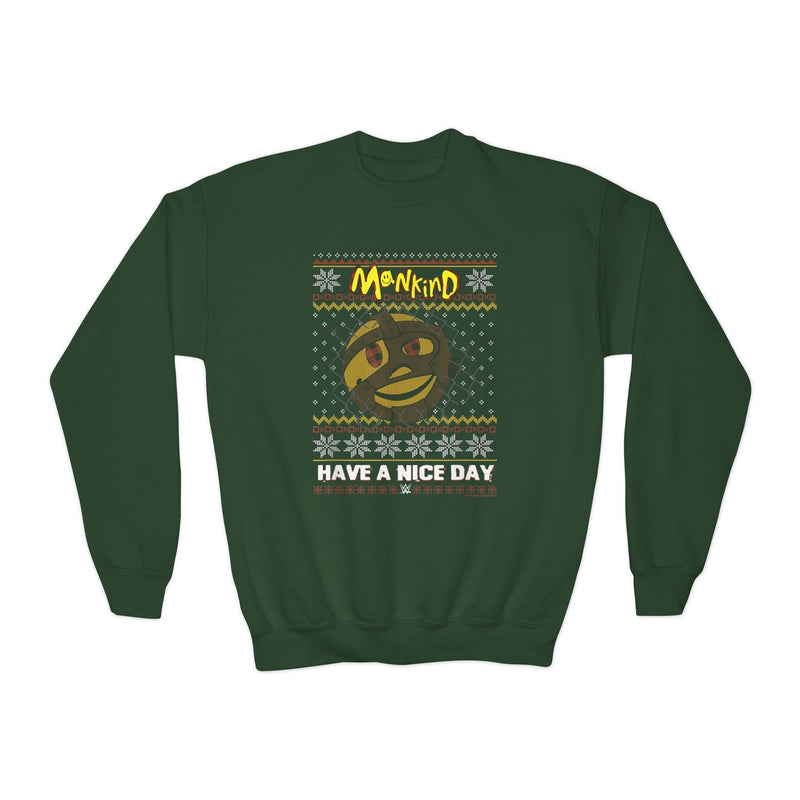 Load image into Gallery viewer, Mankind Have a Nice Day Green Kids Youth Christmas Sweater Sweatshirt by EWS | Extreme Wrestling Shirts