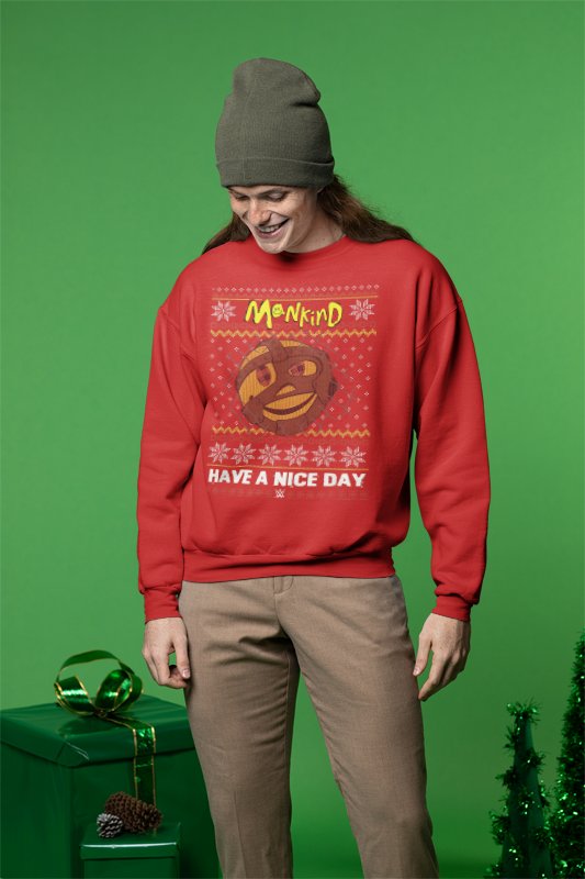 Load image into Gallery viewer, Mankind Have a Nice Day Red Christmas Sweater Sweatshirt by EWS | Extreme Wrestling Shirts