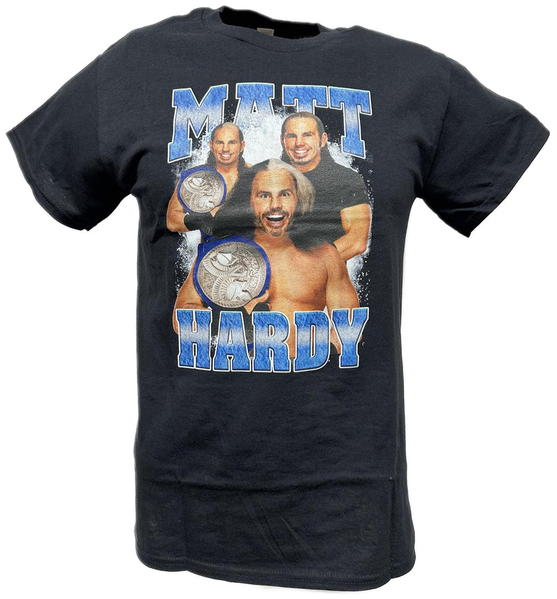 Load image into Gallery viewer, Matt Hardy Blue Logo Three Pose Black T-shirt by WWE | Extreme Wrestling Shirts