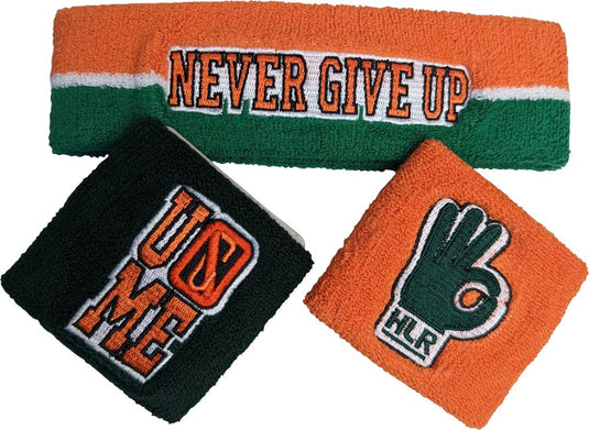 John Cena Never Give Up Green Orange 15x Headband Wristband Set