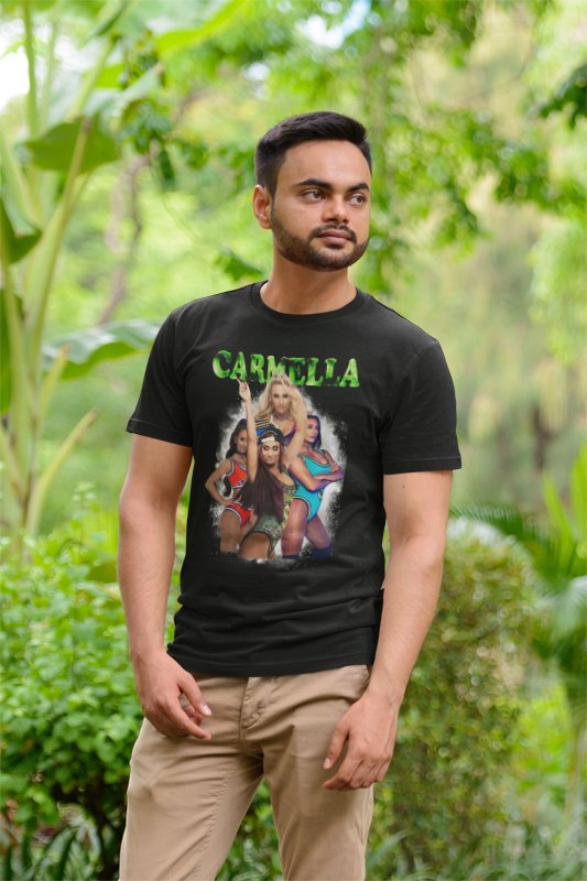Carmella Womens WWE Superstar Green Name Four Pose Black T-shirt