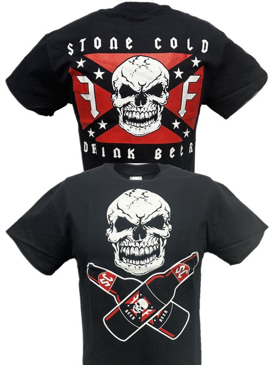 Stone Cold Steve Austin Drink Beer Skull Flag Mens Black T-shirt