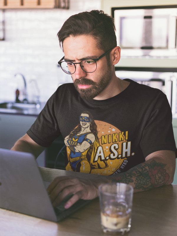 Load image into Gallery viewer, Nikki Cross ASH Almost Super Hero Black T-shirt by EWS | Extreme Wrestling Shirts