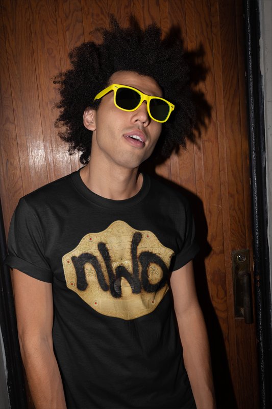 Load image into Gallery viewer, nWo New World Order Spray Paint Title Belt Black T-shirt by EWS | Extreme Wrestling Shirts