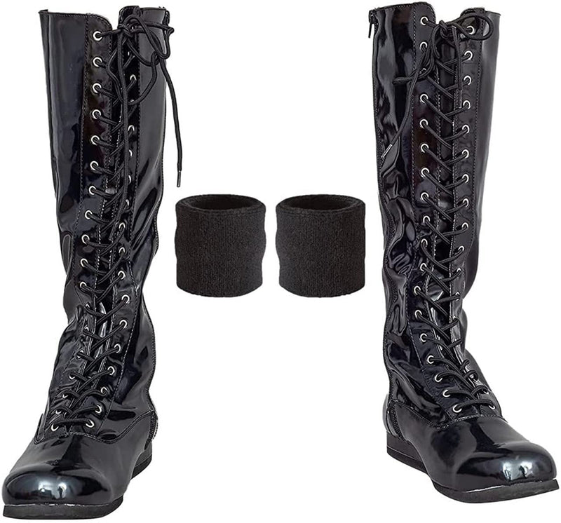 Load image into Gallery viewer, Pro Wrestling Lace-Up Boots and Coordinating Wristbands Black L Shoes by EWS | Extreme Wrestling Shirts
