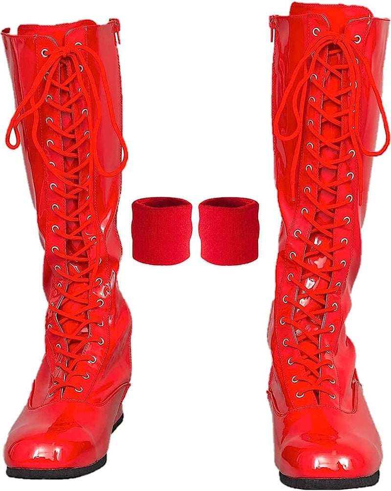 Load image into Gallery viewer, Pro Wrestling Lace-Up Boots and Coordinating Wristbands Red L Shoes by EWS | Extreme Wrestling Shirts