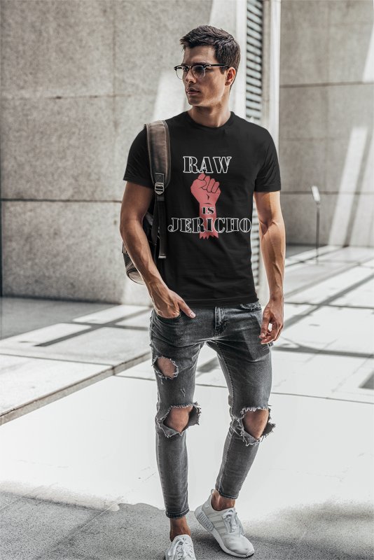 Load image into Gallery viewer, RAW IS Chris Jericho Red Fist Mens Black T-shirt by EWS | Extreme Wrestling Shirts