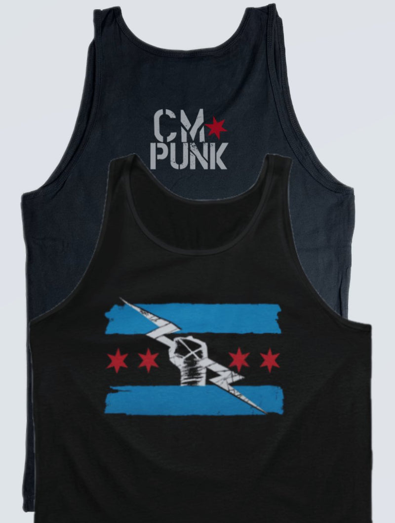Load image into Gallery viewer, Return of CM Punk Red White Blue Logo Black Tank Top Shirt by EWS | Extreme Wrestling Shirts
