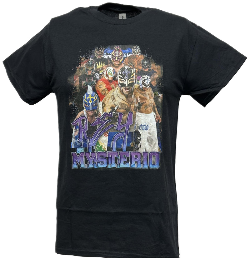 Load image into Gallery viewer, Rey Mysterio Collage Men's Black T-shirt by WWE | Extreme Wrestling Shirts
