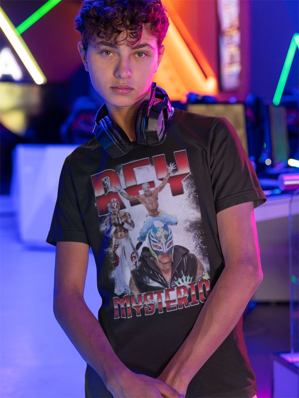 Load image into Gallery viewer, Rey Mysterio Dynamic Leap Men's Black T-shirt by WWE | Extreme Wrestling Shirts