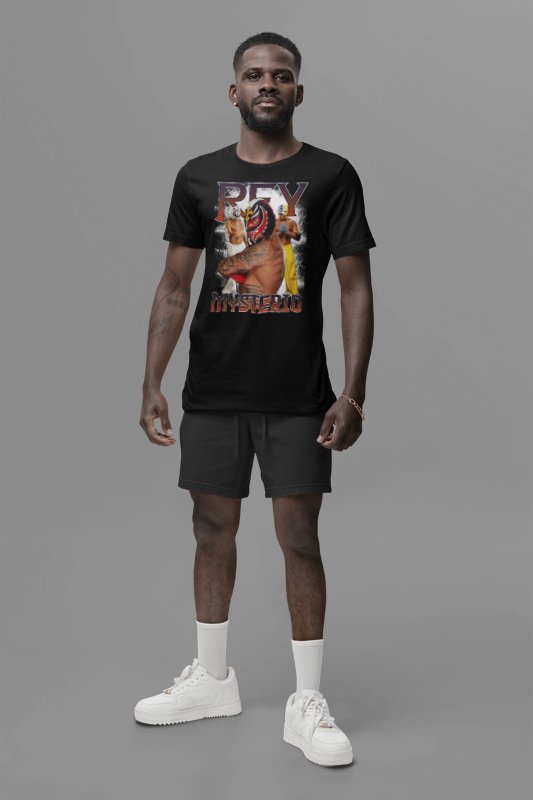 Load image into Gallery viewer, Rey Mysterio Iconic Poses Men's Black T-shirt by WWE | Extreme Wrestling Shirts