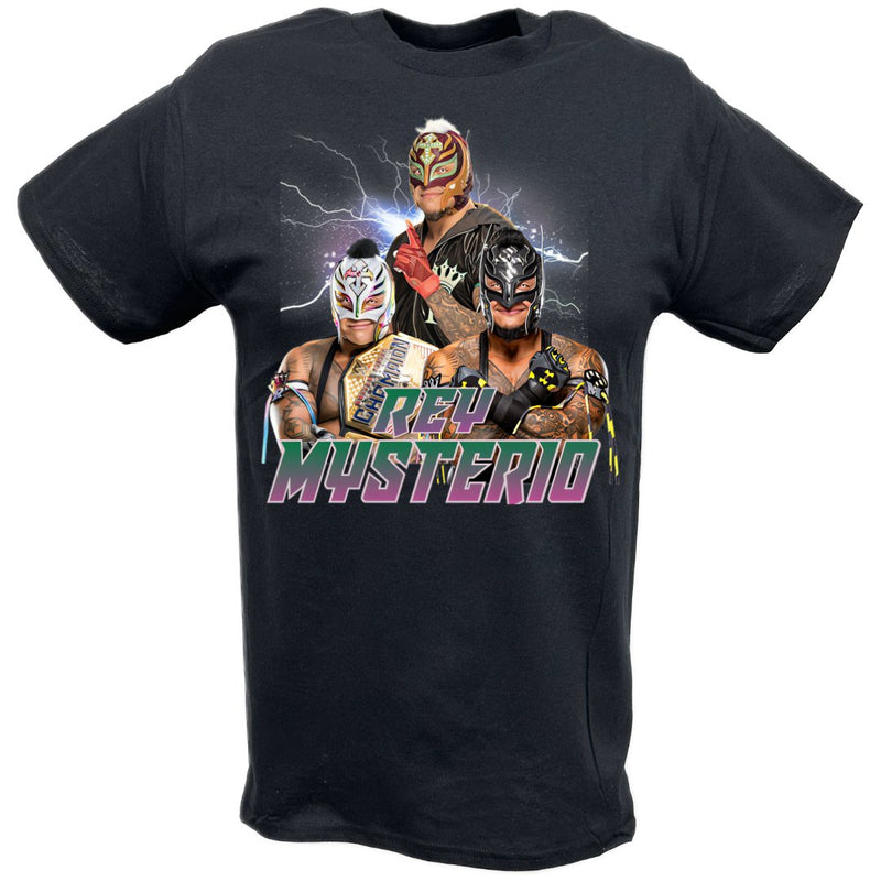 Load image into Gallery viewer, Rey Mysterio Lightning Three Pose T-shirt by EWS | Extreme Wrestling Shirts